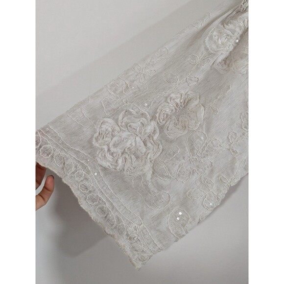 Tempo Paris Ivory Boho Tunic 3D Flowers Sequins Flowy Fairy 3/4 Sleeve Sz L - Picture 3 of 11